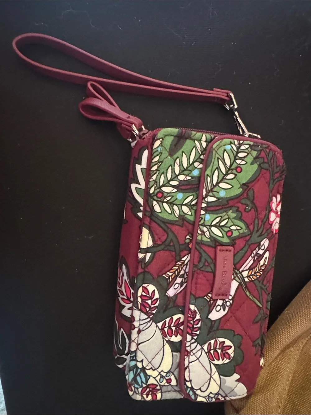 Vera Bradley Burgundy Floral Quilted Wristlet with Green Accents